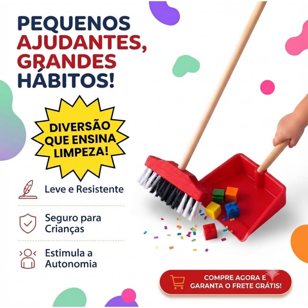 Kit Infantil de Limpeza com Vassoura, Rodo e Pá | Brinquedo Educativo Faz de Conta com Registro INMETRO