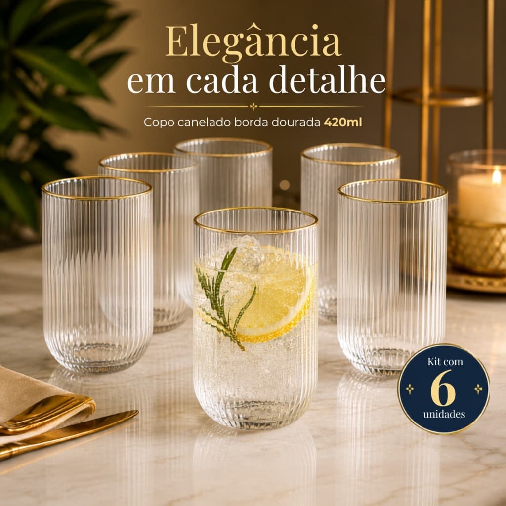 Kit 6 Copos de Vidro Grosso Canelado 420ml Borda Dourada Versalhes Gold Água Suco Refrigerante Drink
