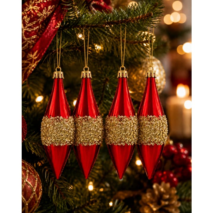 Jogo 4 Pingentes De Natal Vermelho Brilho Decoração Arvore