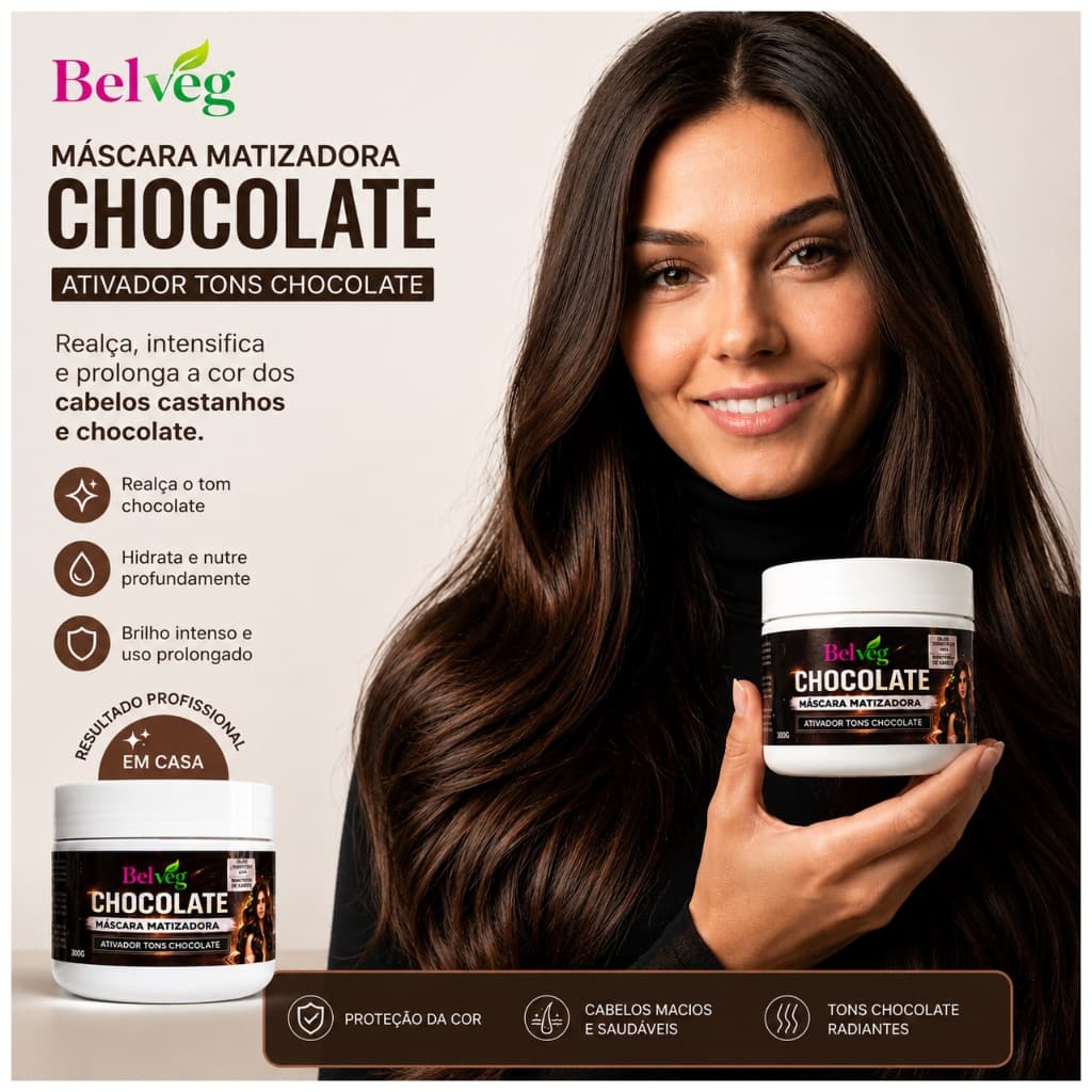 Máscara Matizadora para cabelos castanhos ao acobreados na cor CHOCOLATE ,realça a cor, e hidrata. pote de 300g