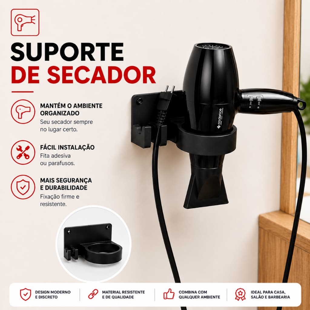 Suporte para Secador de Cabelo de Parede com Parafuso – Resistente, Organizador de Banheiro e Salão