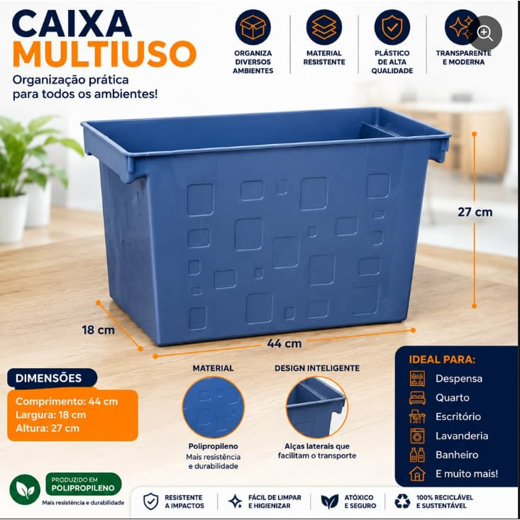 Organizador Caixa Cesto Multiuso 21 Litros Azul Armazenamento Pratico Duravel