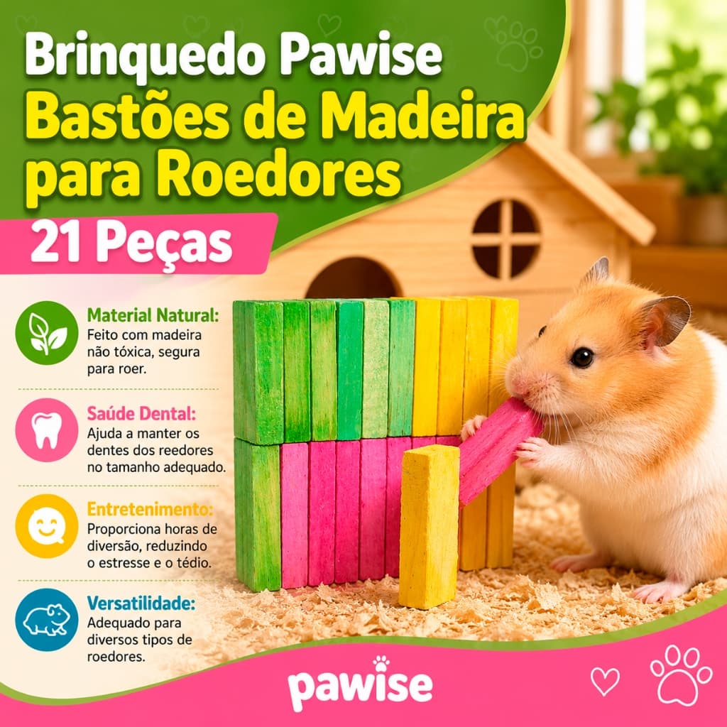Brinquedo Pawise Bastões de Madeira para Roedores – 21 Peças, Natural e Seguro