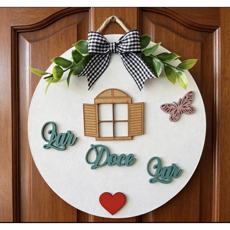 Placa decorativa redonda "Lar Doce Lar " com corda pra pendurar