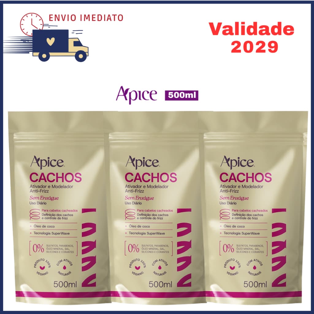 Kit 3x Refil Ativador e Modelador de Cachos 500ml Apice Anti-Frizz para Cabelo Ondulado Cacheado e Crespo