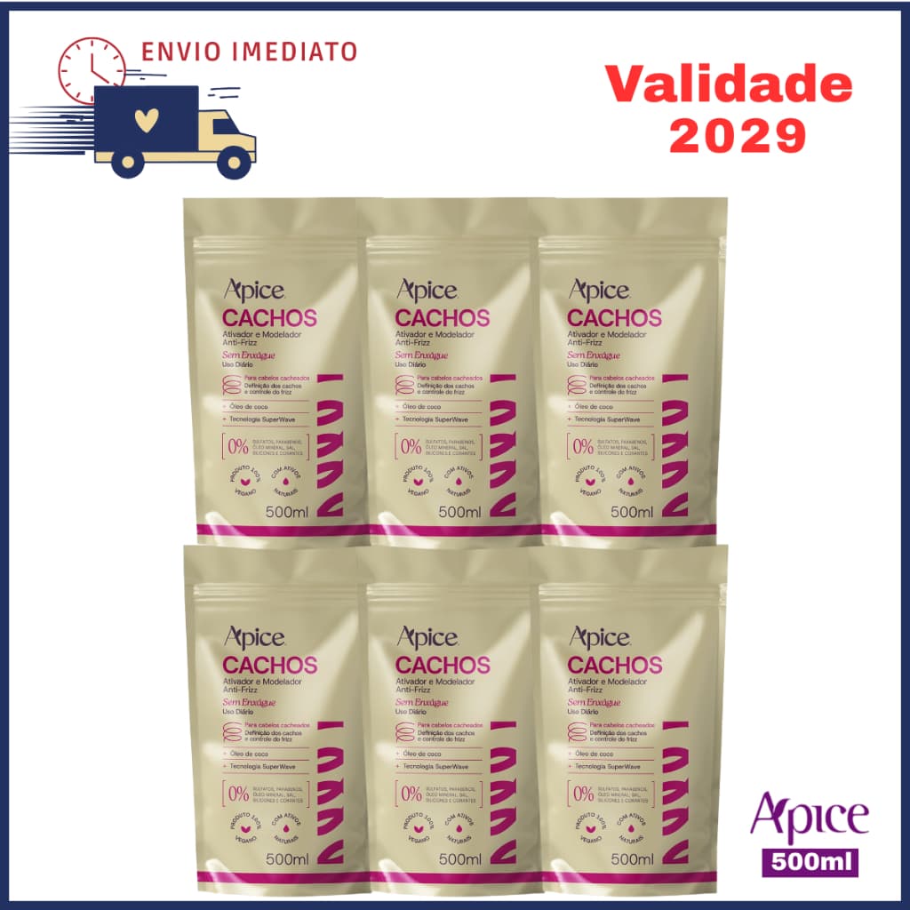 Kit 6x Refil Ativador e Modelador de Cachos 500ml Apice Anti-Frizz para Cabelo Ondulado Cacheado e Crespo
