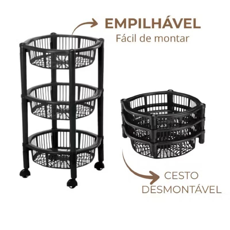 fruteira de chão Organizador Multiuso 3 Andares Redondo Preto - Design Compacto e Versátil