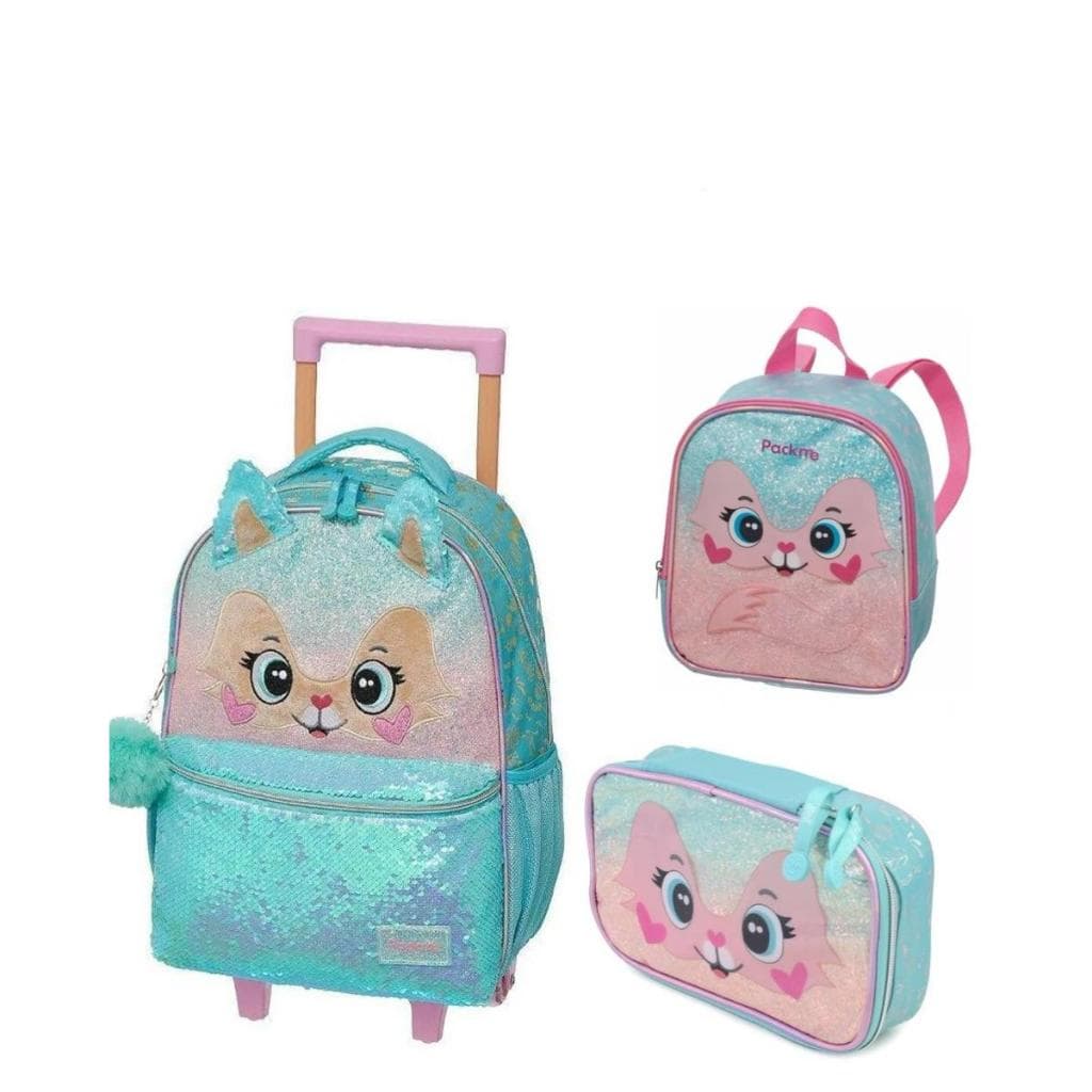 Kit Escolar Sweet Fox Pacific Original – Mochila de Carrinho + Lancheira + Estojo