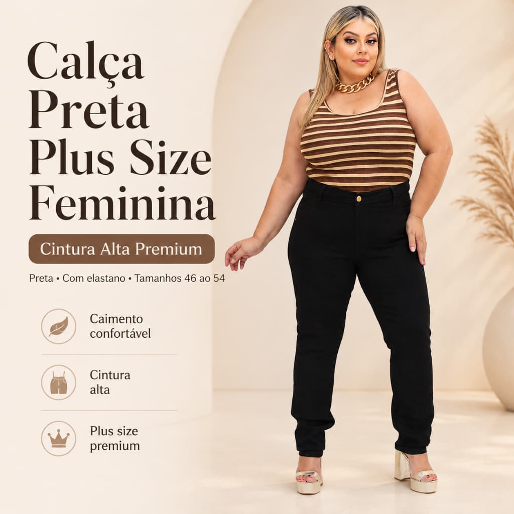 Calça preta Plus Size feminina cintura alta premium