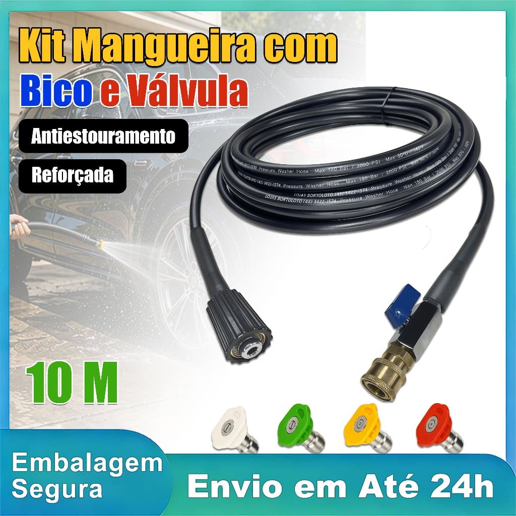 Mangueira De Alta Pressão 10m Reforçada Antiestouramento + Válvula E Bico Injetor Para Lavadora