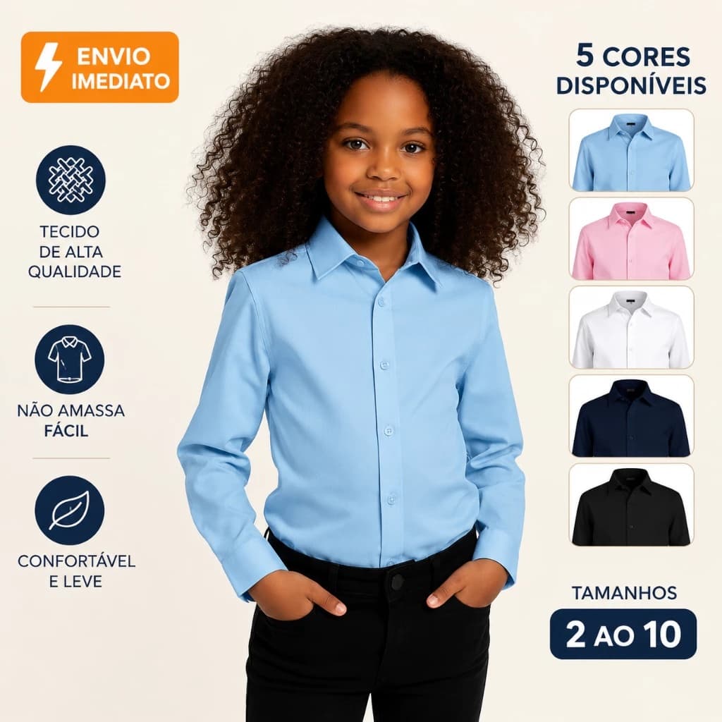 Camisa Social Infantil Manga Longa Lisa Menino Menina Diversas Cores Tamanho 2 ao 10 Envio Imediato