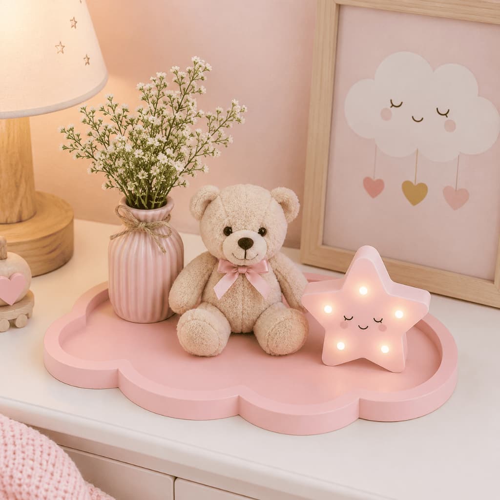 Bandeja Decorativa Mdf Nuvem Decoração Quarto Kit Higiene Bebe Doces Mesa Festa