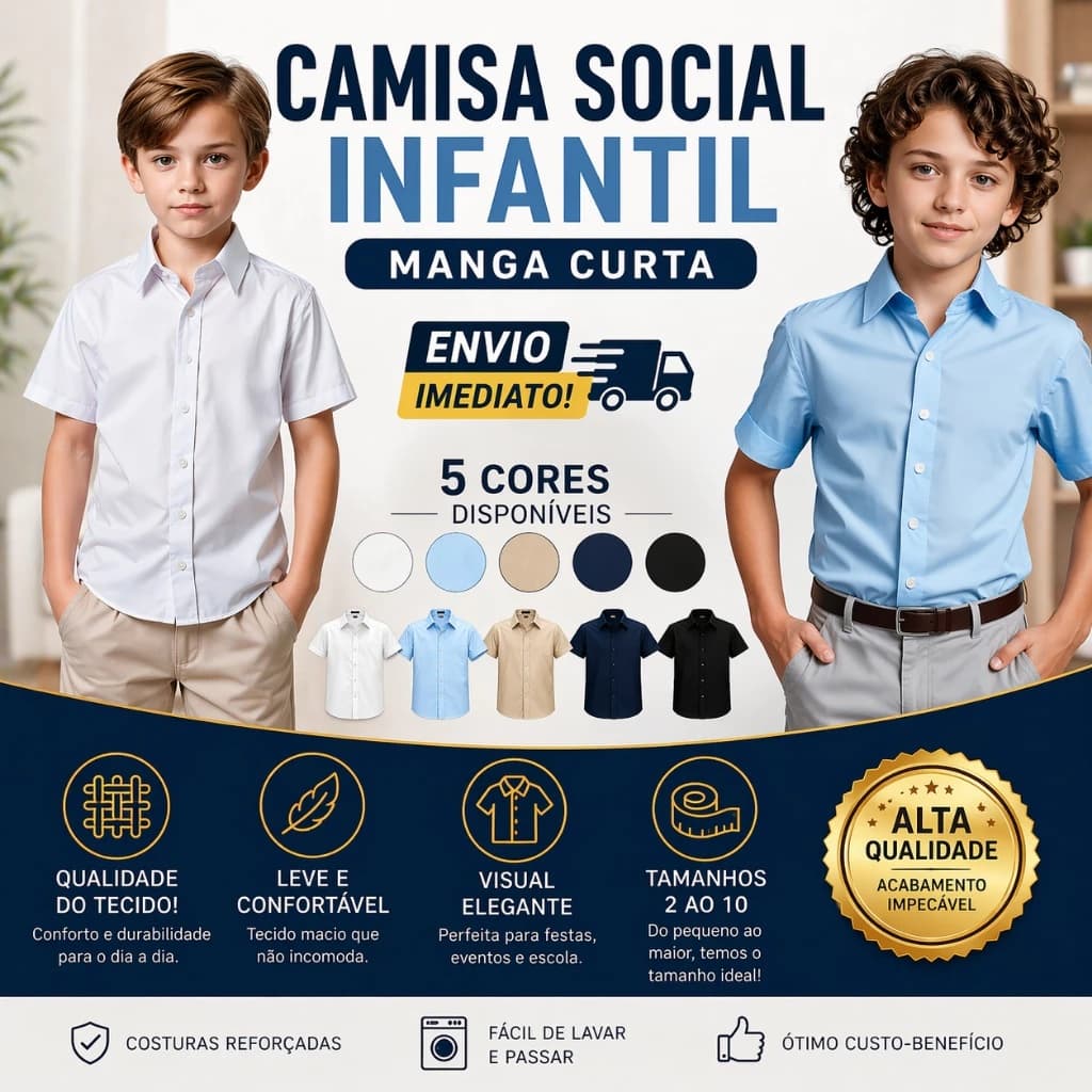 Camisa Social Infantil Manga Curta Menino Lisa Elegante Tam 2 ao 10 - Envio Imediato !!!