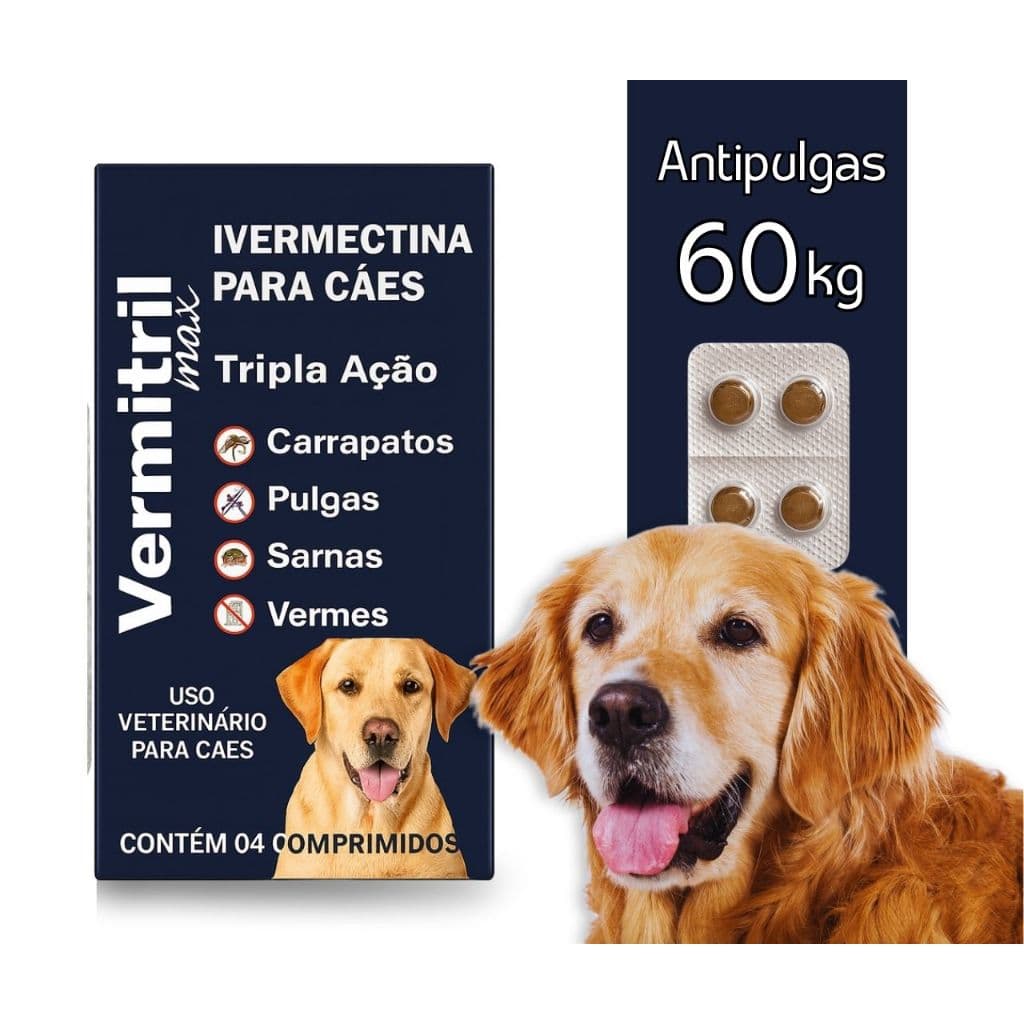 Vermitril Cães 60kg | Remédio Anti Pulgas, Carrapatos, Vermes e Sarnas | Mastigáveis Sabor Carne