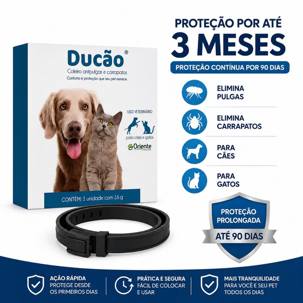 Coleira Antipulgas Carrapatos Ducão 55cm Para Cães e Gatos Proteção 3 Meses Ajustável Original