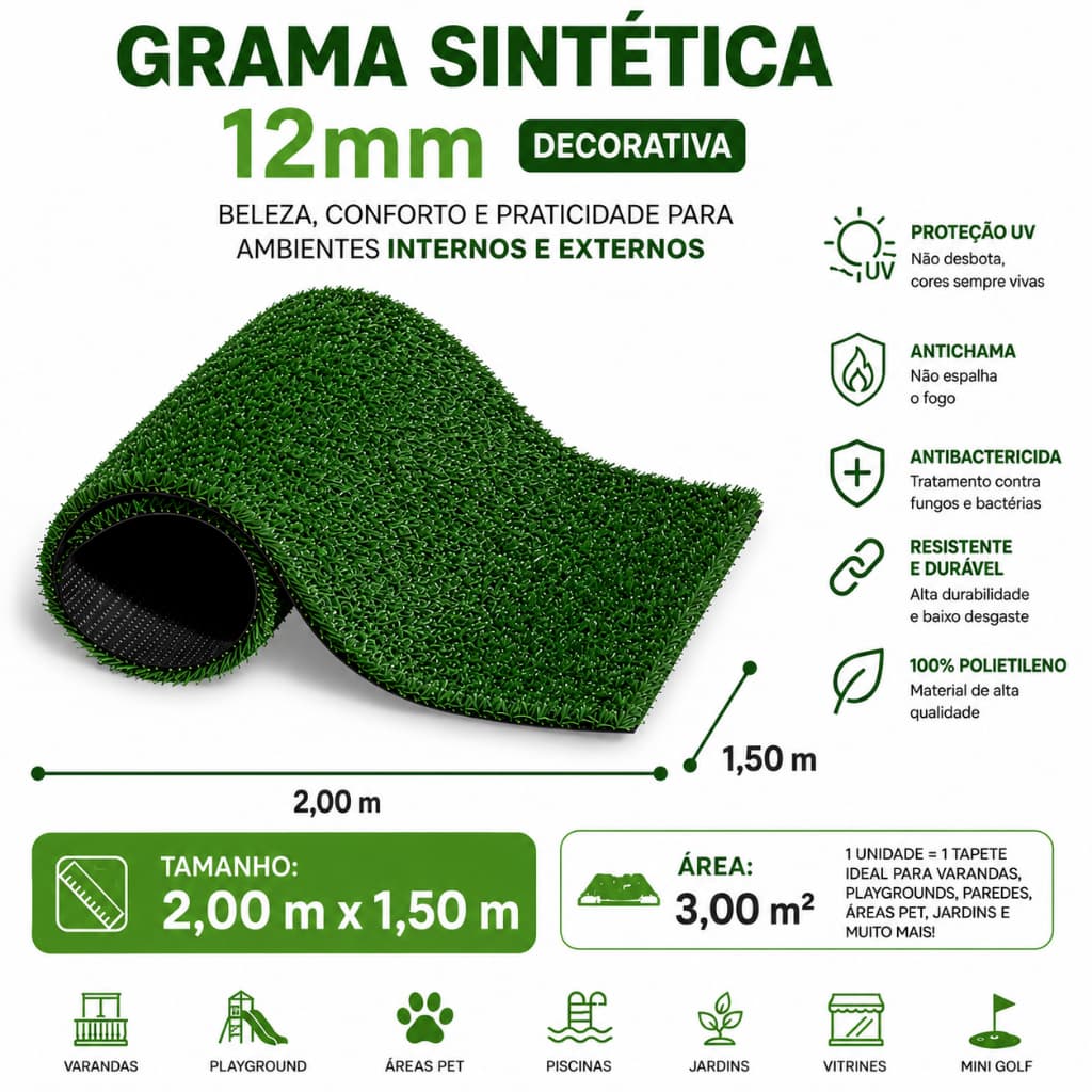 Grama sintética 12mm decorativa - 2m x 1,5m (3m²) - Clube da Grama