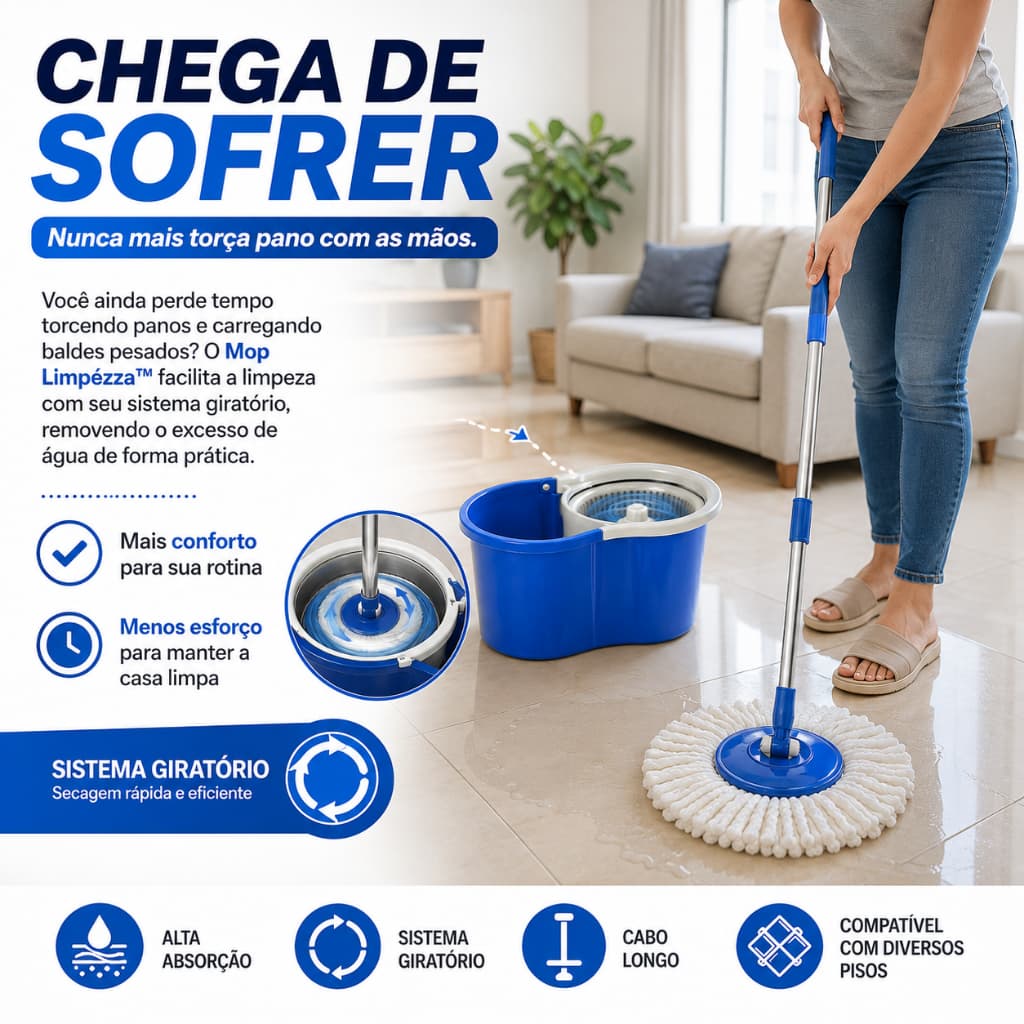 Mop Giratório com Balde Cabo Longo Microfibra Alta Absorção Limpeza Fácil