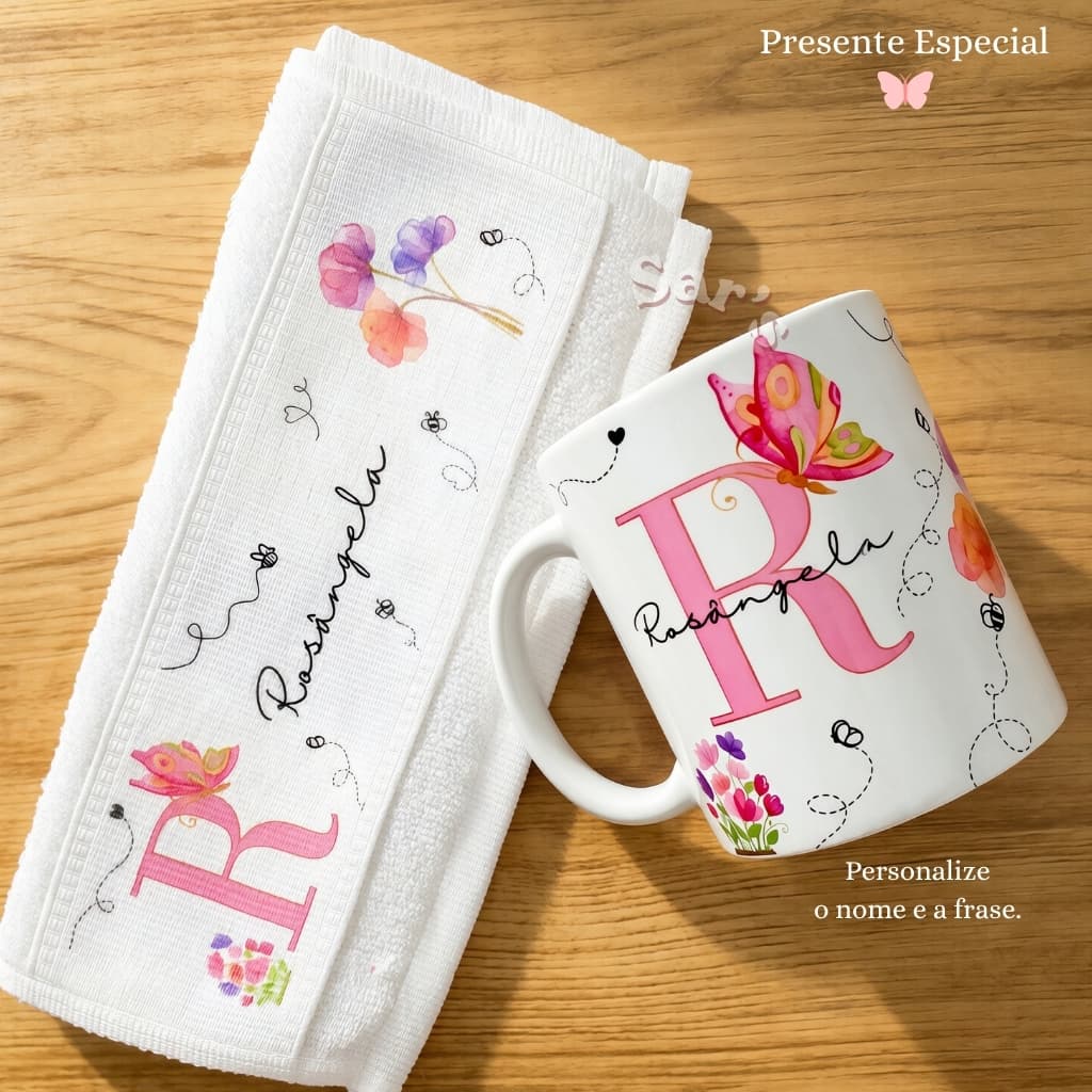 Kit Caneca Personalizada Nome + Toalha Personalizada + Caixa Visor coração - Presente Especial