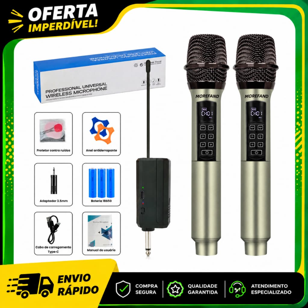 Microfone Sem Fio Profissional MOREFAND UHF 2.4G Reverb DSP Type-C Alcance 500 Pés Karaokê Pagode Sertanejo