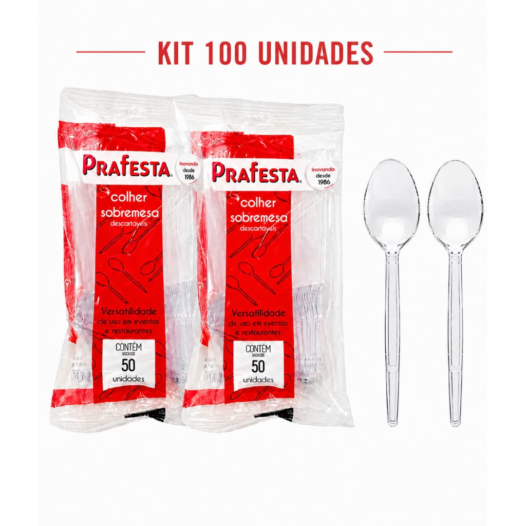Kit 100 Colheres de Sobremesa Cristal Prafesta Colher Descartável Resistente Bolo Acai Doces
