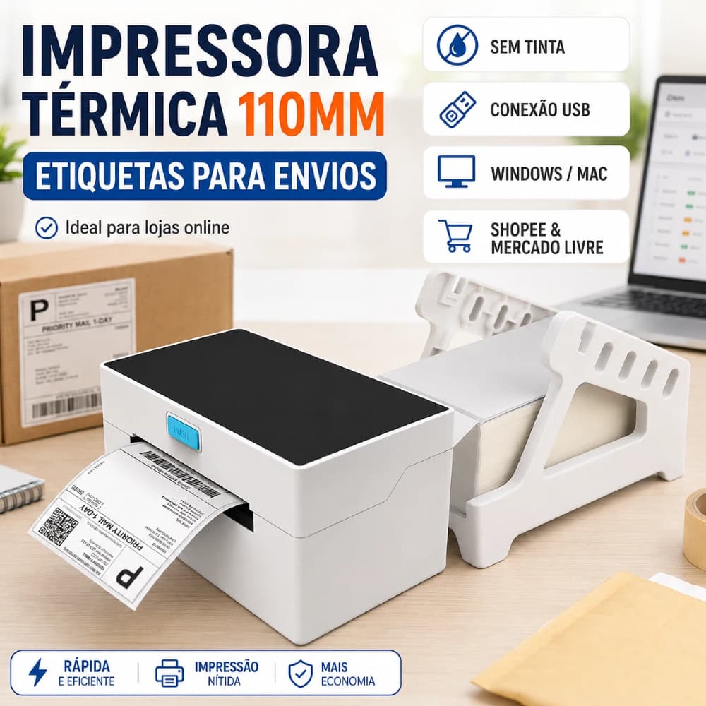 Impressora Térmica de Etiquetas 110mm USB Sem Tinta para Envios Shopee Mercado Livre Windows Mac
