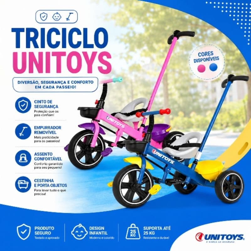 Triciclo Unitoys Infantil Cadeirinha com Cinto de Segurança e Empurrador - Rosa Ou Azul