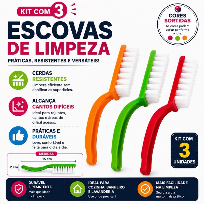 Kit com 3 Escovas de Limpeza Multiuso Cerdas Resistentes Para Cozinha Banheiro Rejunte 15cm