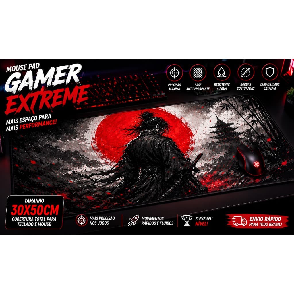 Mouse Pad Gamer Samurai Oriental Grande Base Emborrachada Antiderrapante