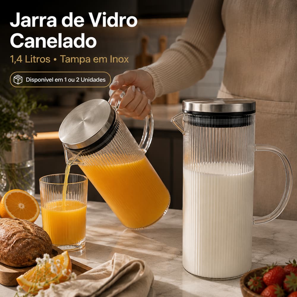 Jarra de Vidro Canelado, Tampa de Inox 1,4 Litros Garrafa de Suco Água Geladeira Premium Mesa Posta