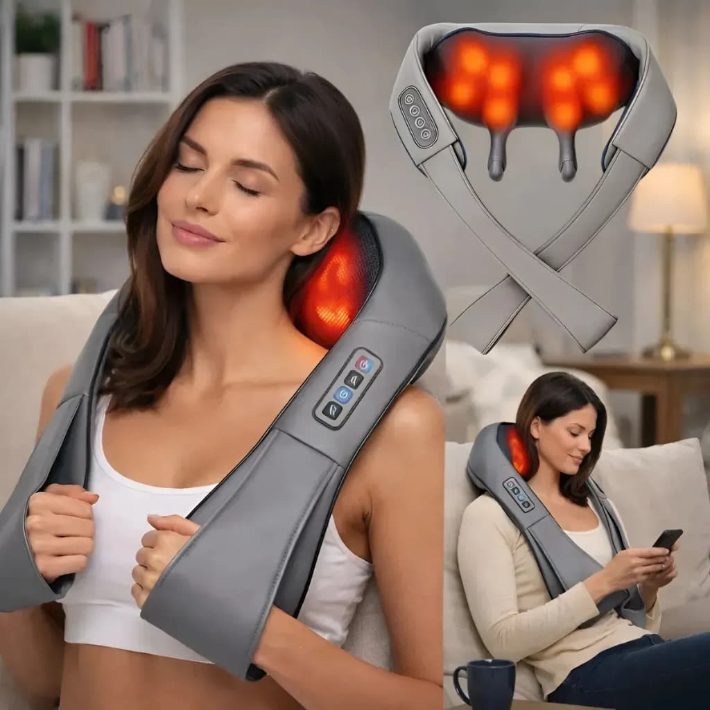 Massageador Pescoço Shiatsu Lombar Colete Cervical Portátil com Aquecimento 3 Velocidades