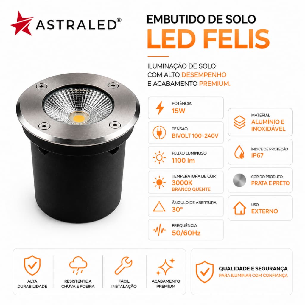 Embutido de Solo LED 15W IP67 Bivolt Luminária Externa Spot de Piso Jardim 3000K Branco Quente Prata e  Preto