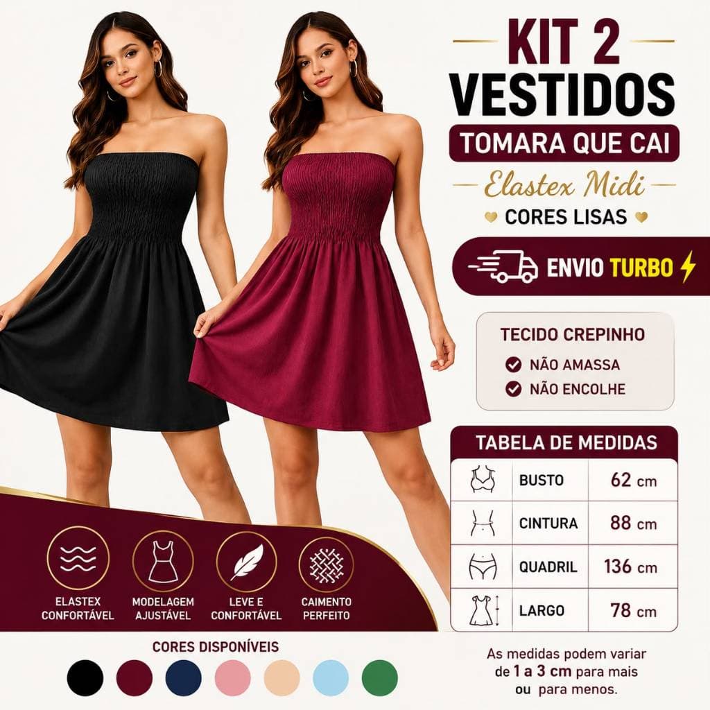 Kit 2 Vestido Tomara Que Cai Elastex Cores Lisas ENVIO RÁPIDO