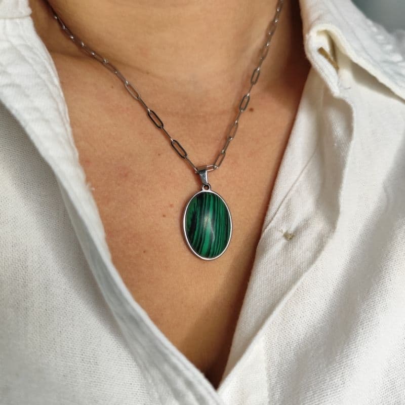 Colar com Pedra Natural Grande Corrente Aço Inoxidável Hipoalergênico Fluorita Ametista Turquesa Malaquita