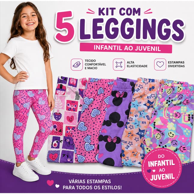 Kit com 5 Legging Sortidas Infantil Feminina do tamanho 2 ao 14