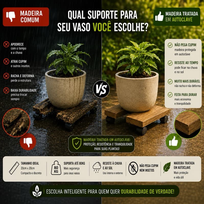 Suporte para Vaso com Rodinhas Madeira  Autoclave Anti Cupim Resiste  Chuva Jardim Planta 20x20 ou 30x30 cm suporta 80kg