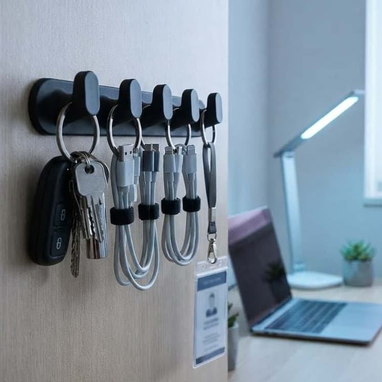 Porta-chaves de parede minimalista com design ovalado e 5 pinos robustos - Inclui fita dupla face 3M