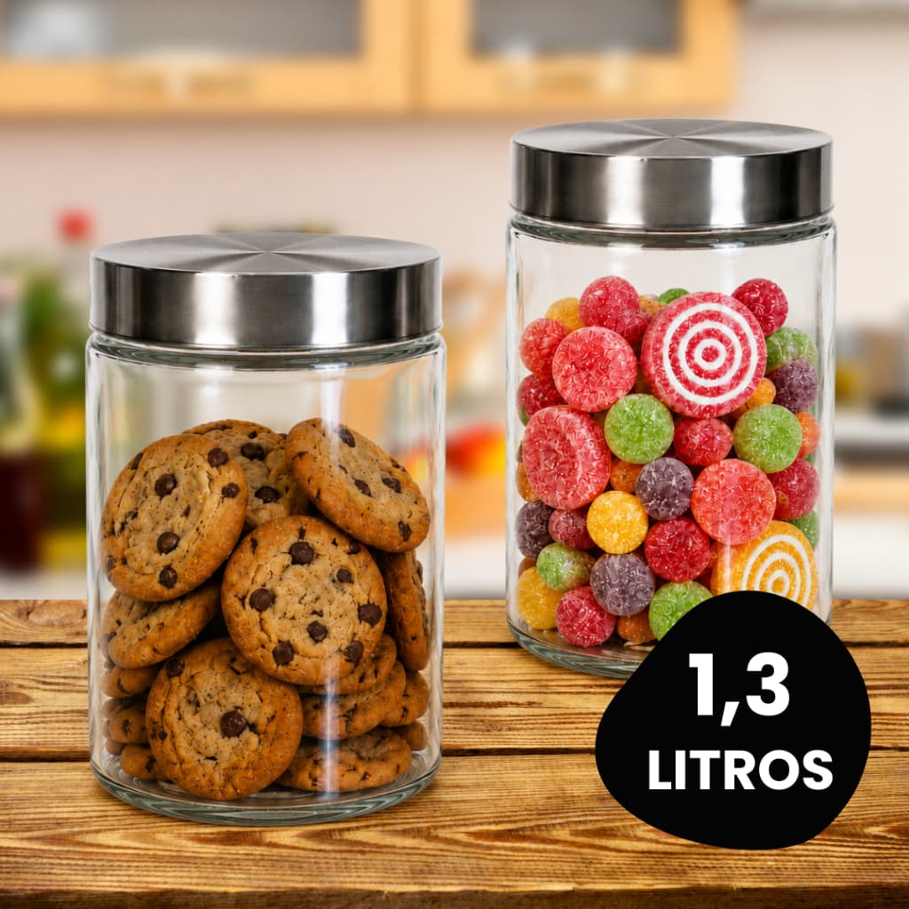 Kit 2 Pote De Vidro Redondo Com Tampa De Rosca Inox 1,3L Resistente