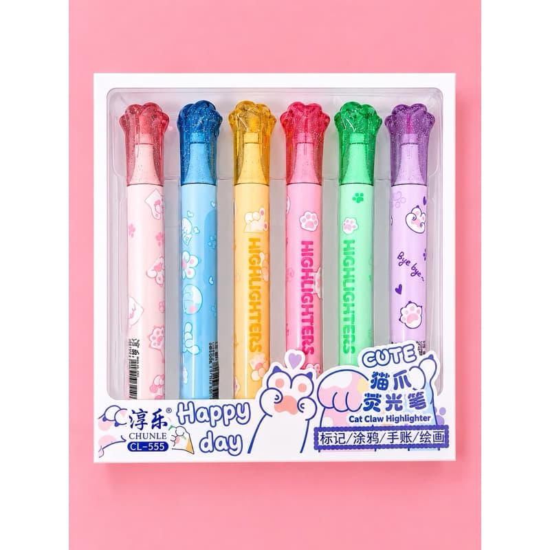 Kit Marca Texto Patinha de Gatinho com Glitter 6 Cores Highlighter Escolar Fofo