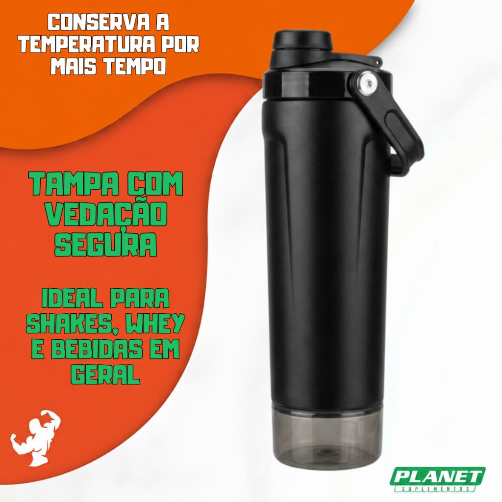 Coqueteleira Térmica Bokasi 591ml c/ Compartimento Porta Suplementos Prática Resistente Academia Fit