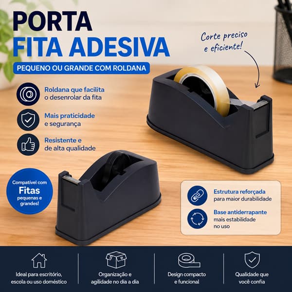 Porta Fita Adesiva com Roldana – Pequeno ou Grande | Suporte para Fita Adesiva de Mesa