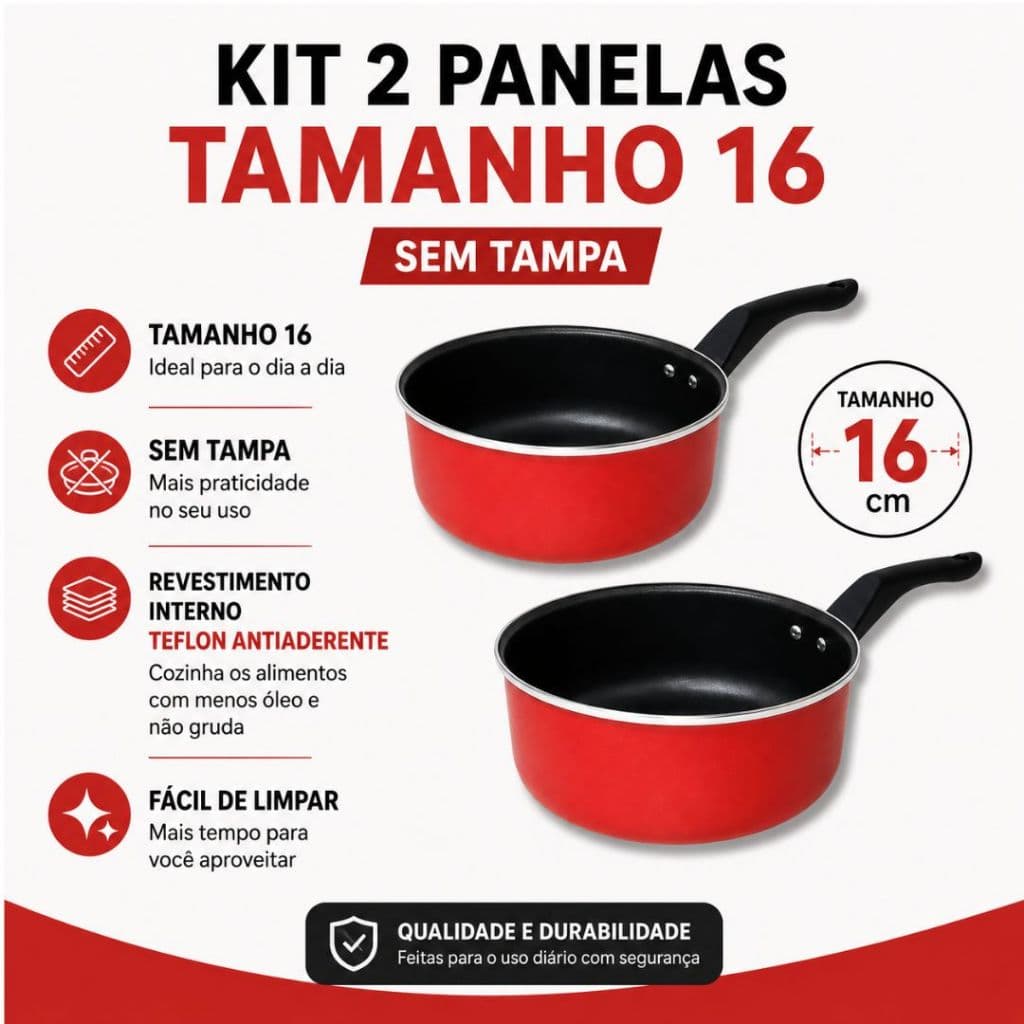 Kit Duas Panelas Nº 16 Antiaderente Teflon Cereja Luxo Dourado Sem Tampa