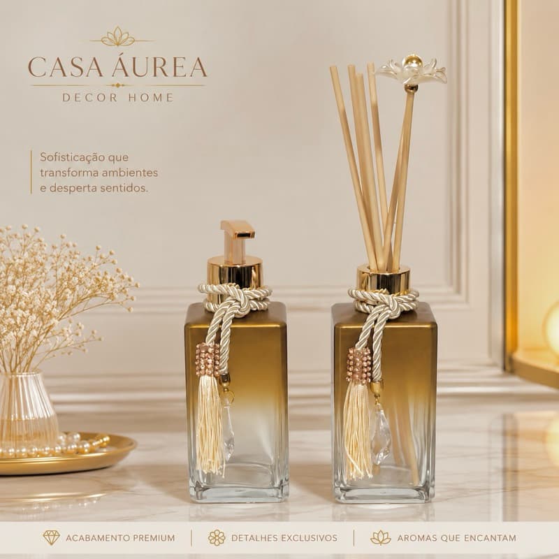 Saboneteira 250ml e Difusor Varetas Dourado Lavabo Banheiro Elegante Moderno Casa Perfumada Decorada.