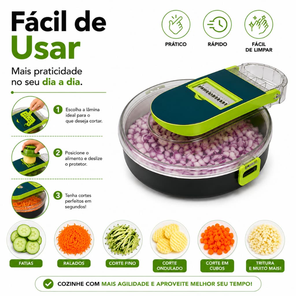Ralador e Fatiador Multifuncional 15 Peças ChefMaster™ Cortador de Legumes Manual com Recipiente
