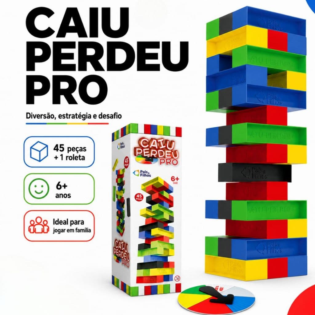 Caiu Perdeu Pro Pais & Filhos Jogo de Equilíbrio e Estratégia 45 Peças com Roleta 6+