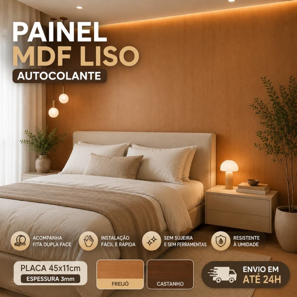 KIT ATÉ 20 Placas Painel MDF Autoadesivo Liso 45x11cm Revestimento de Parede Madeira Freijó Castanho