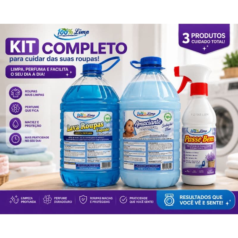 Kit Lavanderia Lava Roupas 5L + Amaciante 5L + Passa Bem Spray 1L Limpeza e Perfume