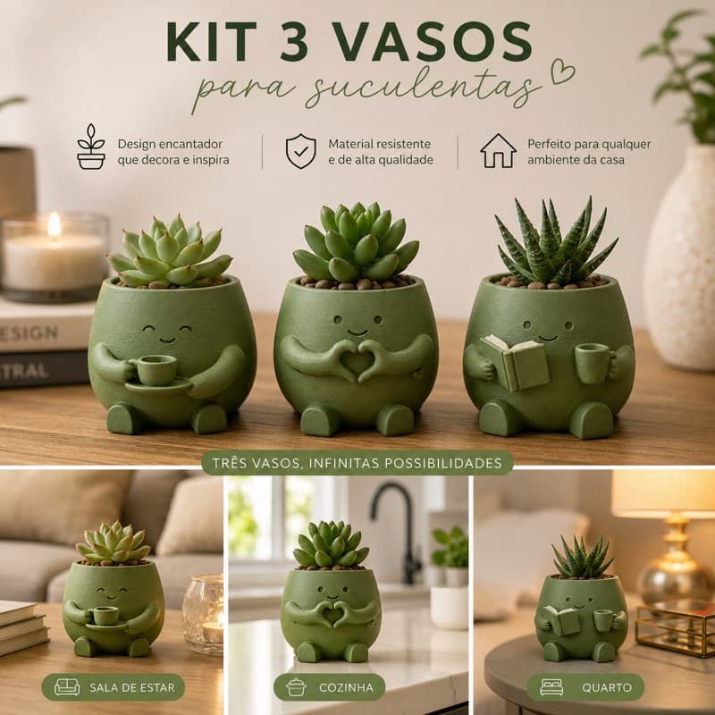 Kit 3 Vasos Decorativos Cute