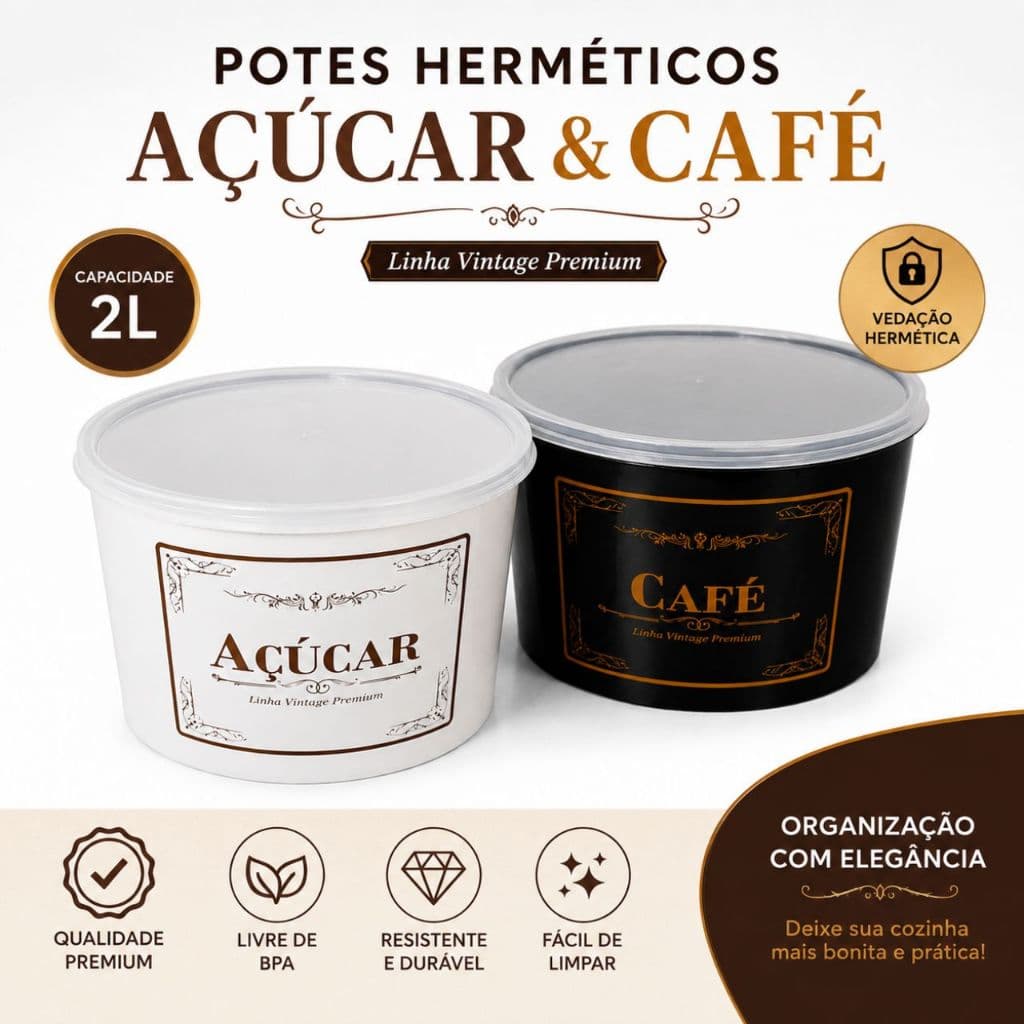 Kit 2 Pote Hermético 2L Açúcar e Café Tampa Transparente Organizador Mantimentos Plástico Vintage Cozinha Mantimento