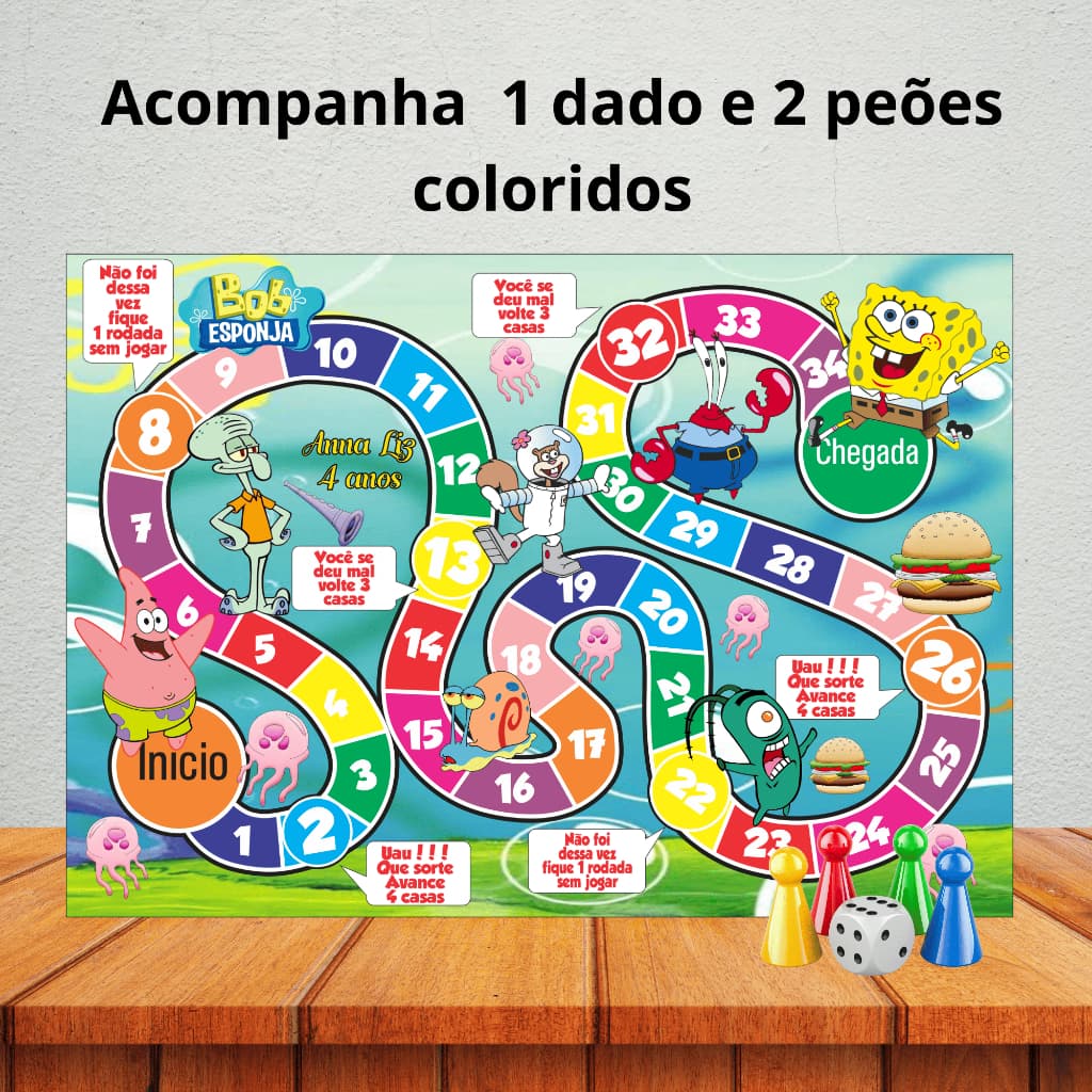 Jogo de tabuleiro para lembrancinha de aniversário/ kit festa/ personalizados - BOB ESPONJA