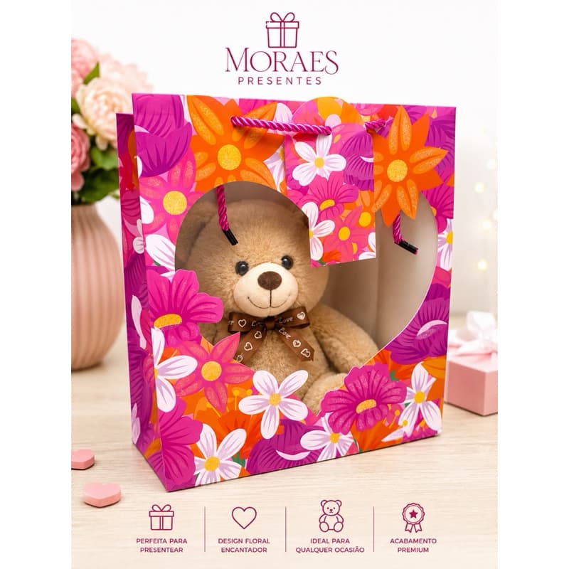 Sacola para presente floral premium com visor coração e alças reforçadas, perfeita para qualquer ocasião.